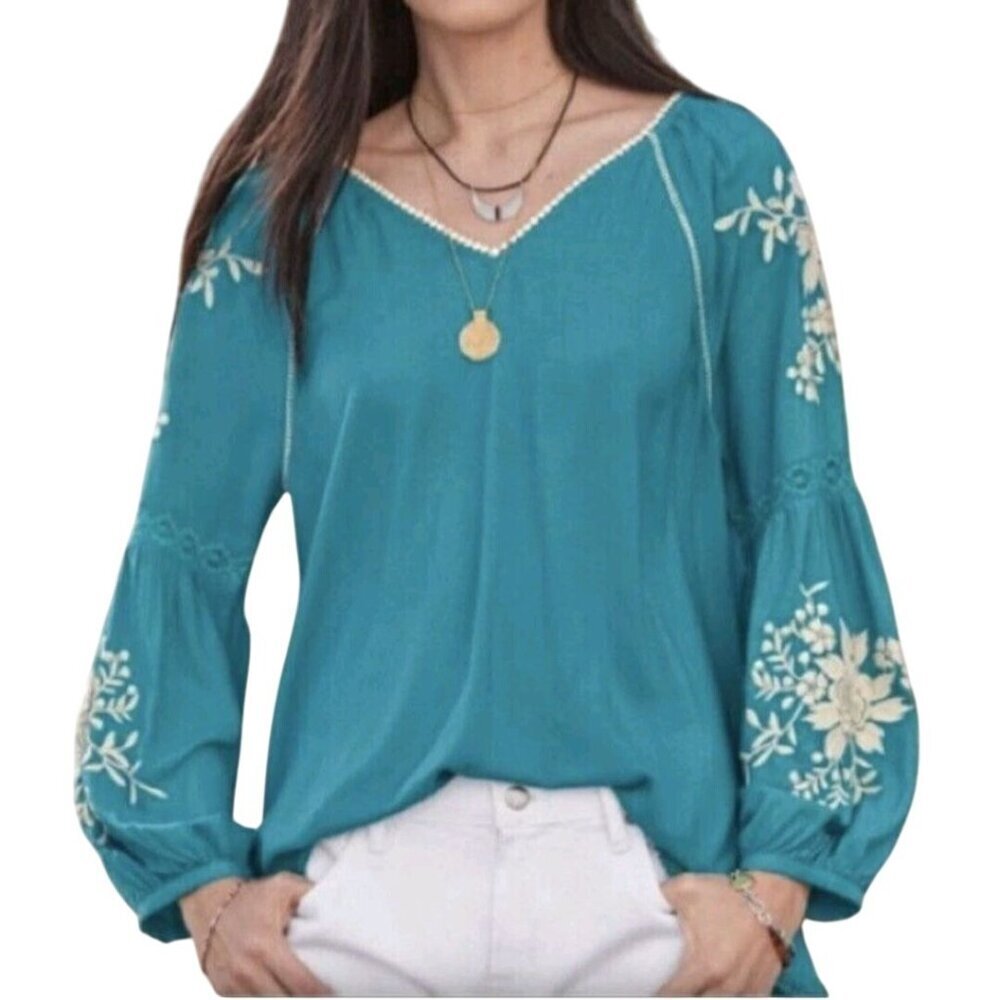 Sundance Naomi Isles Top Teal Embroidered Bohemian Balloon Sleeve Size PS